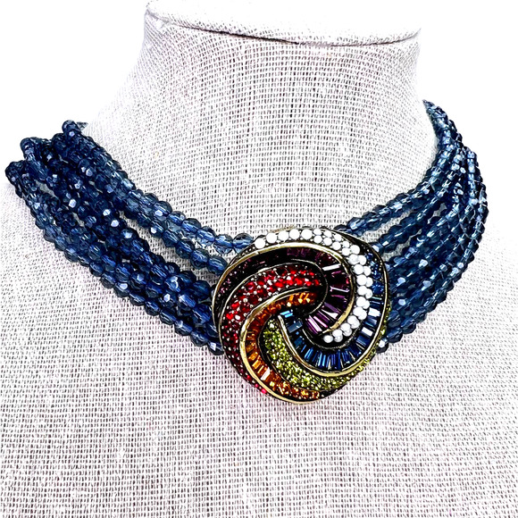 Heidi Daus Multi Strand Blue Beaded Collar Necklace Swarovski Crystal Pendant - Picture 1 of 5